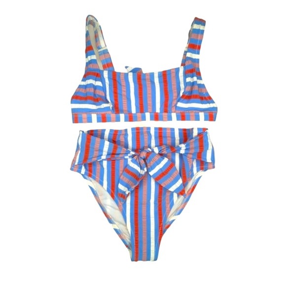 Jessica Simpson Miami Stripe High Waist Swim Bottoms & Ribbed Retro Bra - Picture 1 of 16